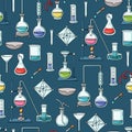Vector seamless pattern with colorful cartoon special equipment. Pattern on the theme of chemistry, medicine, science, education